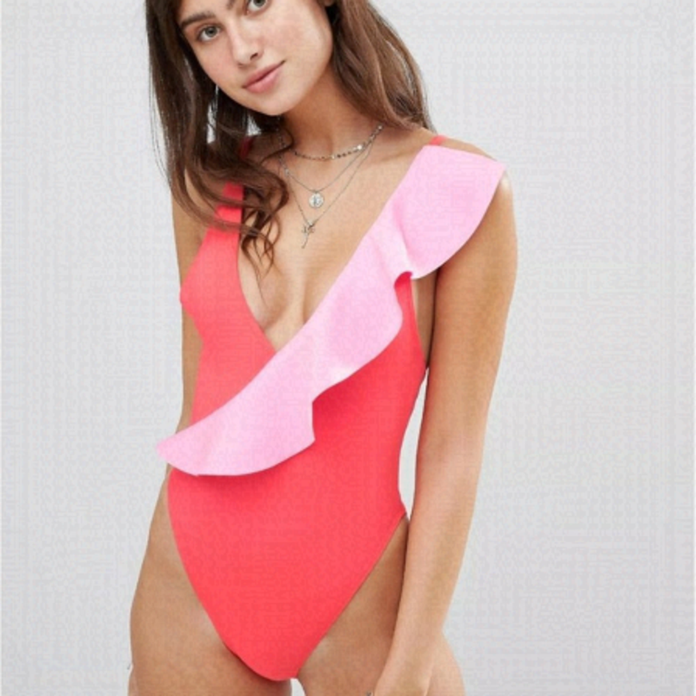 Asos river island frill assymetric swimsuit in neon barbie pink and coral